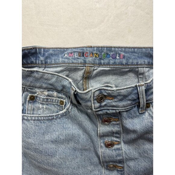 American Eagle Super Hi-Rise ALine Denim Skirt Sz 4 Raw Hem Button Front Rainbow - Picture 3 of 9